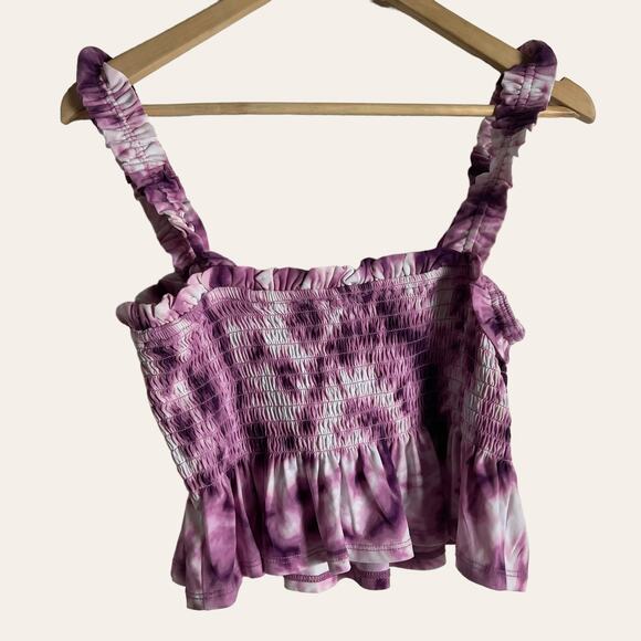 BCBGeneration Lavender Herb Purple Tie Dye Smocked Ruffle Square Neck Top - Picture 8 of 9